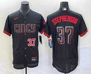 Mens Cincinnati Reds #37 Tyler Stephenson Number Black 2023 City Connect Flex Base Jersey